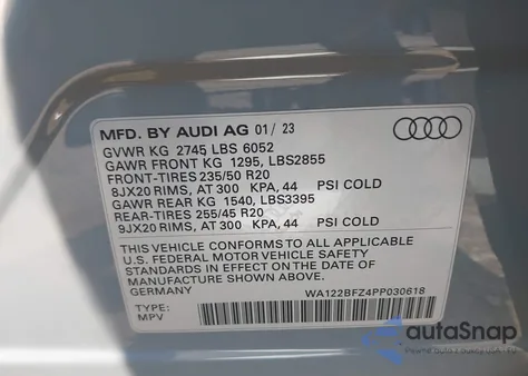 2023 Audi Q4 Sportback E-Tron Premium 50 Quattro z USA, uszkodzony, nr VIN WA122BFZ4PP030618